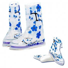 1Pair PVC Reusable Rain Shoe Covers Non-slip Boots Thicken Soles Raincoats Blue Plum Flower Overshoes